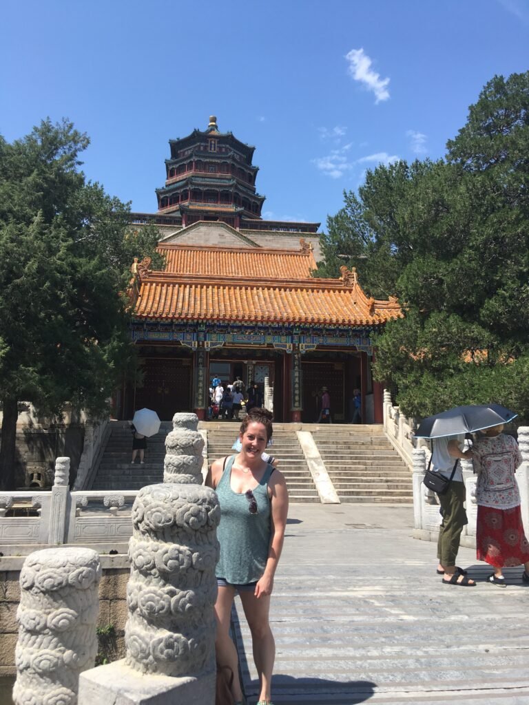 Standing in front of a traditional Chinese temple inside the Summer Palace in Beijing.
