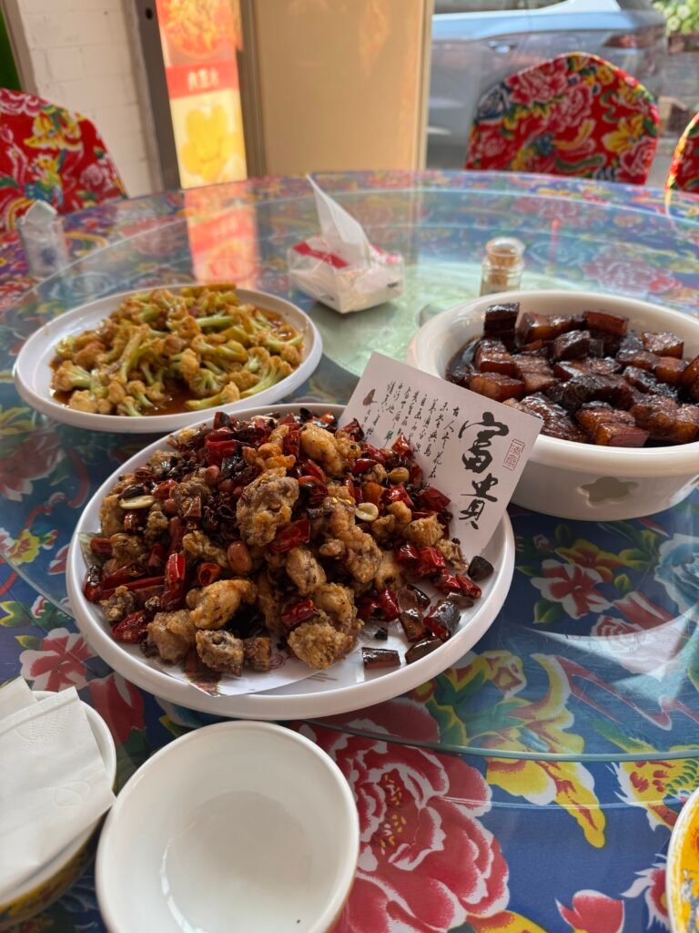 Traditional Chinese dishes and street food served at a local restaurant in China.